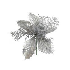 Silver Glittered Wreath Pick With Holly and Cedar (Lot of 12 Picks) SALE ITEM